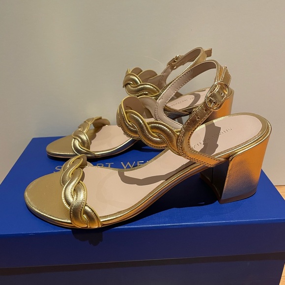 New Stuart Weitzman Twistie Gold Block Sandal Sz 6.5 - Picture 3 of 6